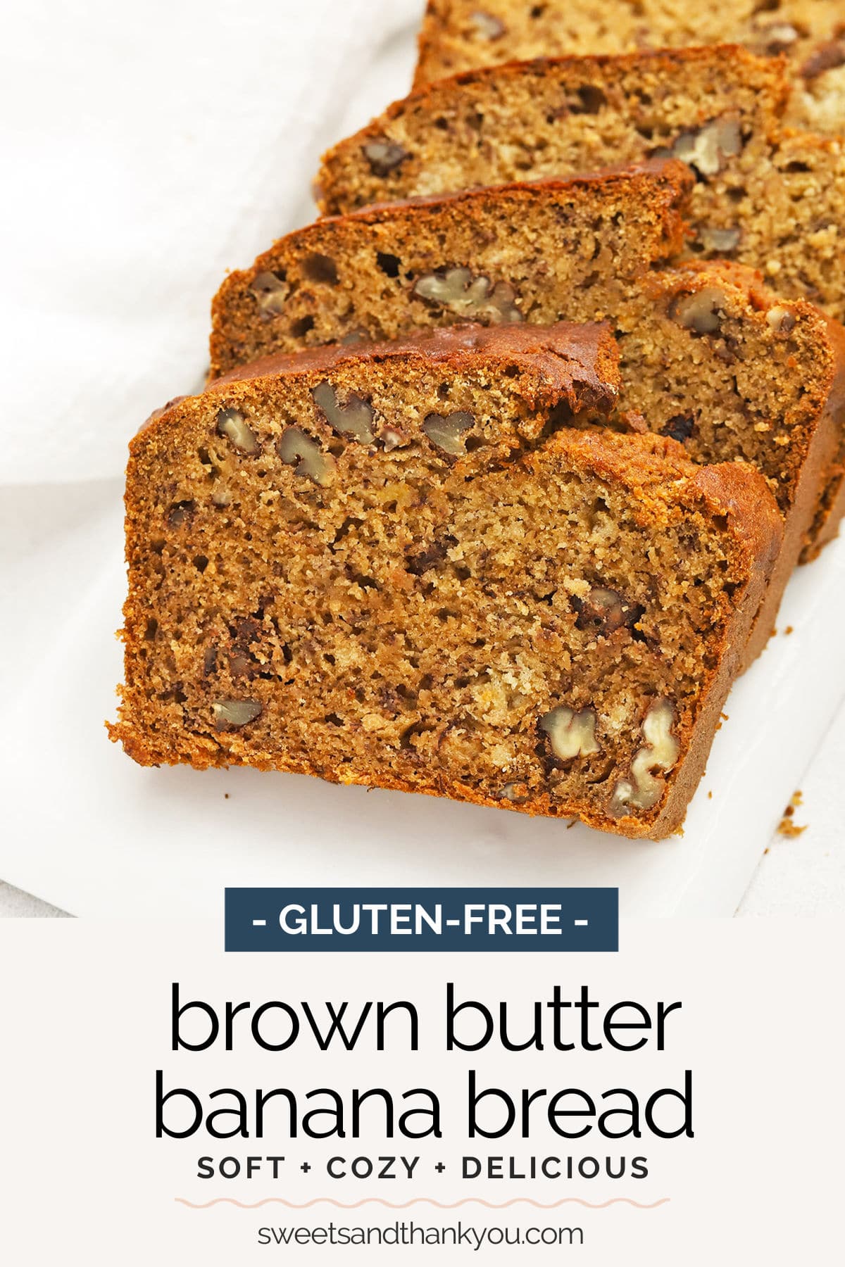 Gluten-Free Brown Butter Banana Bread - This amazing gluten-free banana bread recipe gives you tender, delicious banana bread every time. Laced with caramel-y flavors, it's delicious on its own, with nuts, or chocolate chips! // Brown Butter Banana Bread Recipe // Gluten Free Banana Bread // #bananabread #glutenfree #brownbutter 