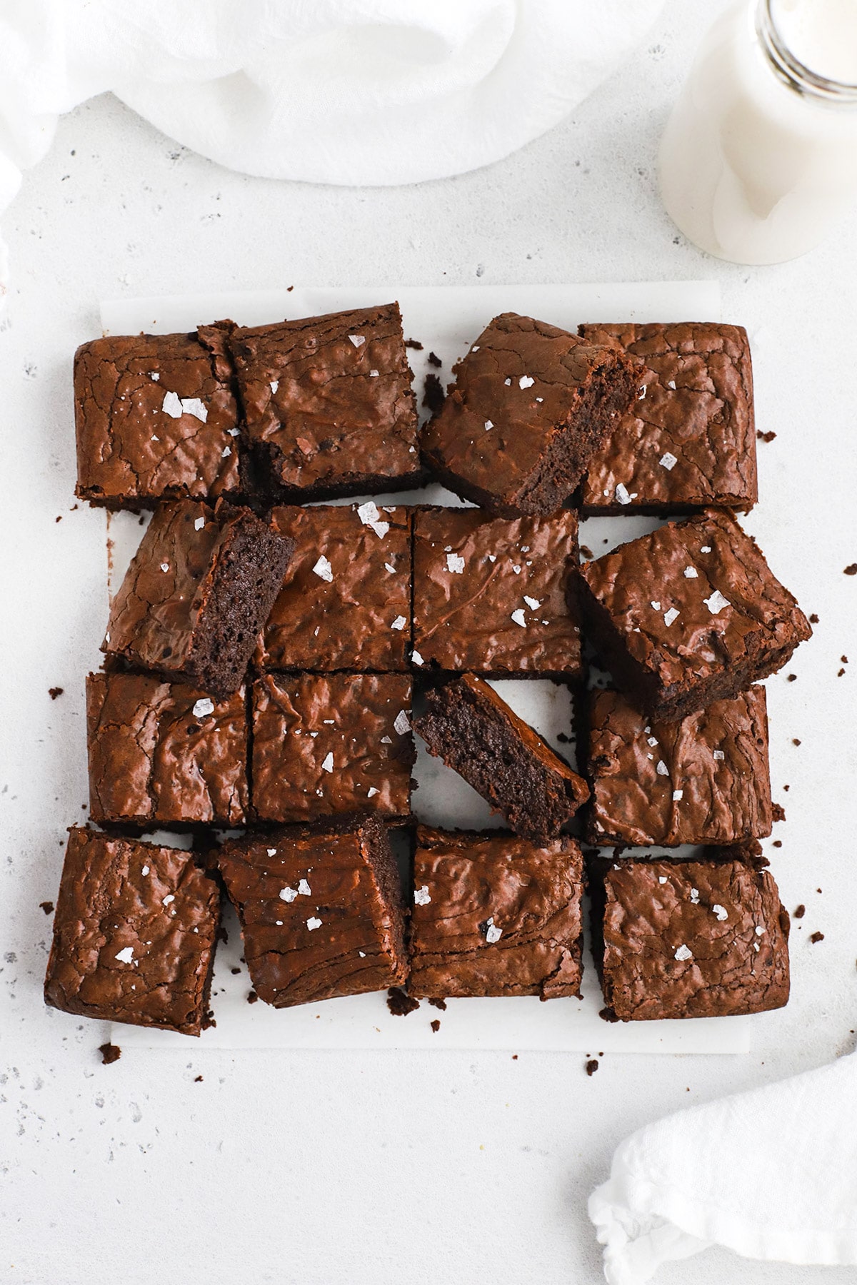 Overhead view of fudgy gluten-free brown butter brownies cut into squares