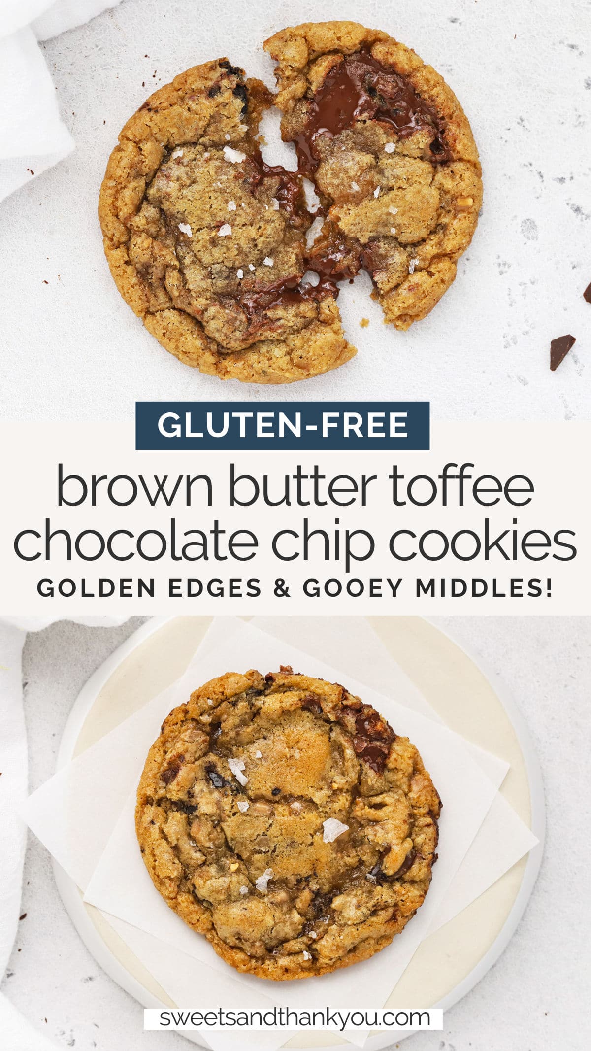 Gluten-Free Brown Butter Toffee Chocolate Chip Cookies - These gluten-free chocolate chip cookies are what dreams are made of. Studded with caramel-y toffee bits and plenty of melty chocolate, they're golden on the outside and gooey on the inside. Yum! // Brown Butter Chocolate Chip Cookies // Gluten-Free Cookie Recipe // Gluten-Free Browned Butter Chocolate Chip Cookies // Toffee Chocolate Chip Cookies #cookies #glutenfree #chocolatechip #brownbutter