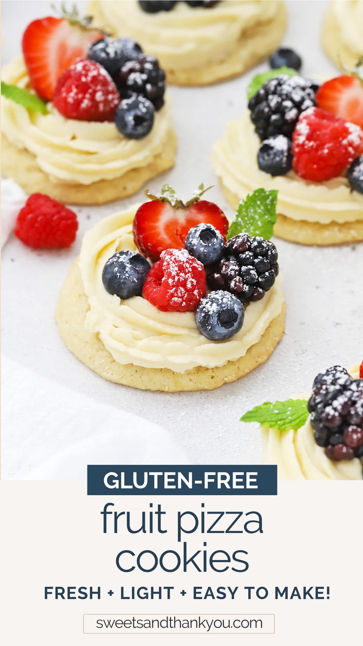 Mini Fruit Pizza Cookies - These mini gluten-free fruit pizzas are made from gluten-Free lemon sugar cookies, a light cream cheese frosting, and fresh berries. They're beautiful and easy! // Gluten-Free Fruit Pizza // Mini Fruit Pizzas // Fruit pizza cookie recipe // Gluten Free lemon cookies #glutenfree #fruitpizza #glutenfreecookies #cookies #lemoncookies