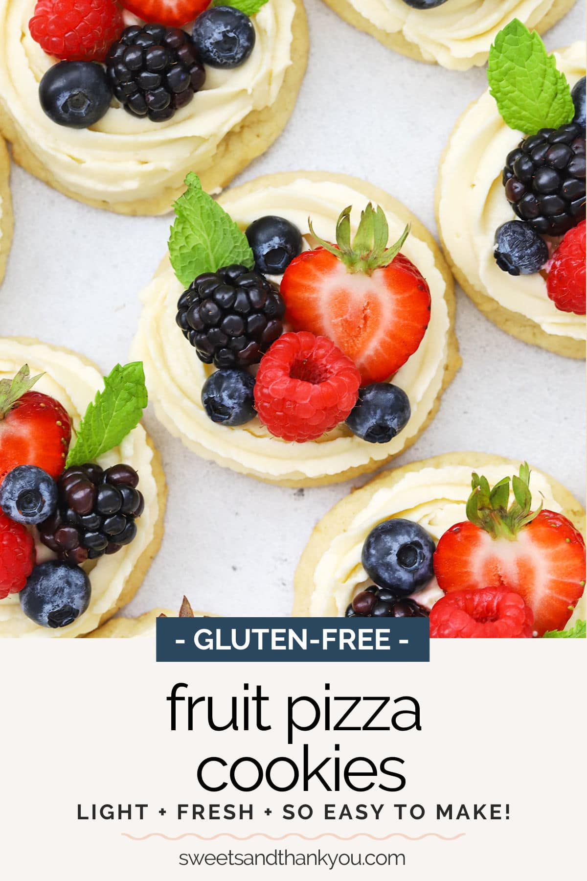 Mini Fruit Pizza Cookies - These mini gluten-free fruit pizzas are made from gluten-Free lemon sugar cookies, a light cream cheese frosting, and fresh berries. They're beautiful and easy! // Gluten-Free Fruit Pizza // Mini Fruit Pizzas // Fruit pizza cookie recipe // Gluten Free lemon cookies #glutenfree #fruitpizza #glutenfreecookies #cookies #lemoncookies