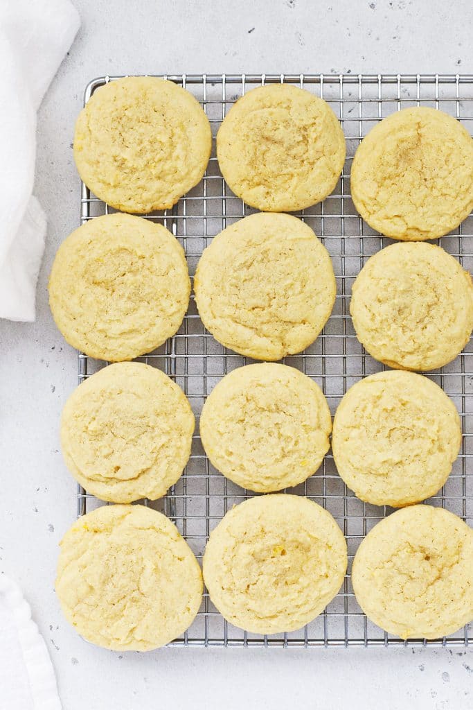 Overhead view of gluten-free lemon sugar cookies on a cooling rack