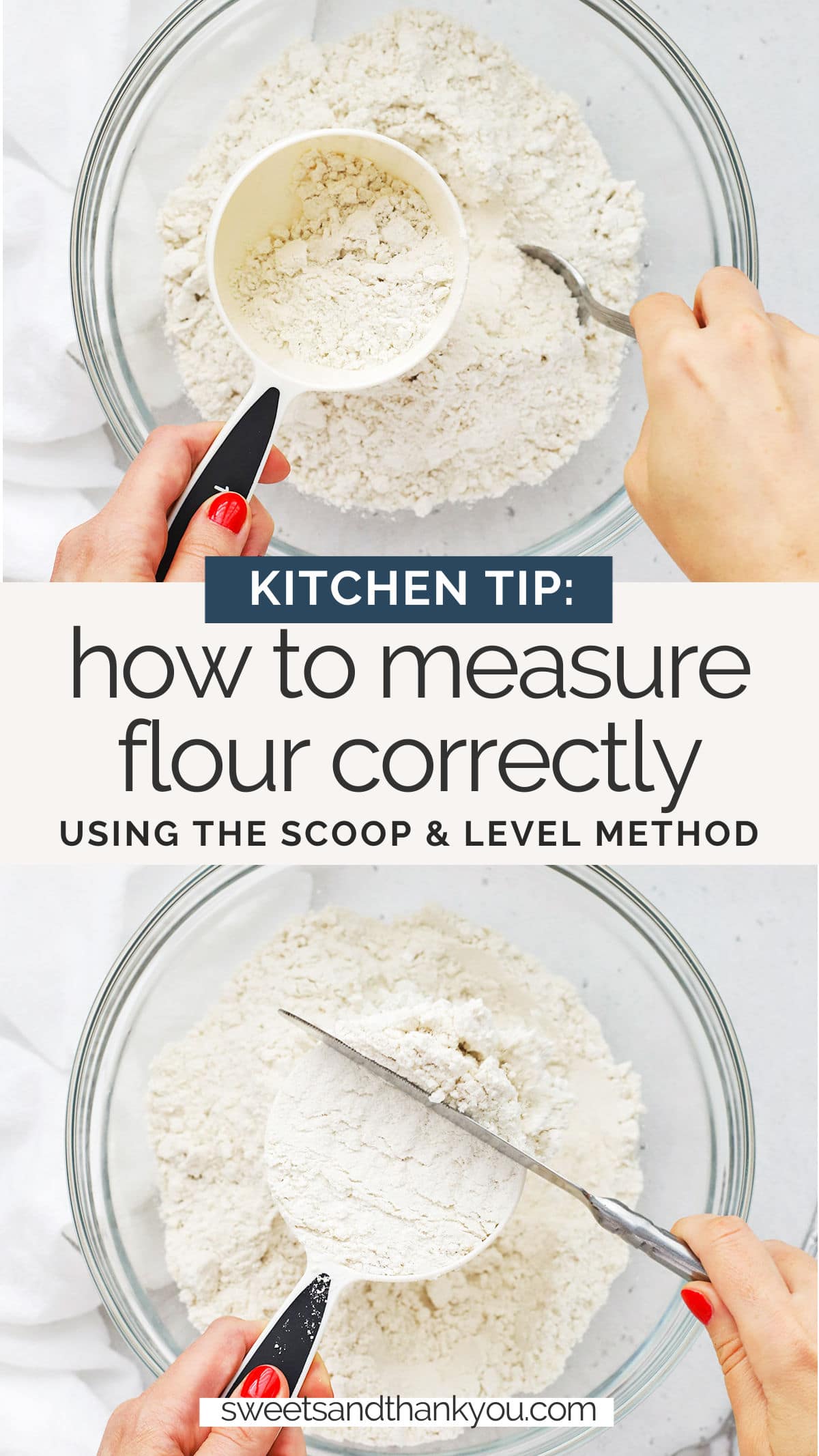How to Measure Flour Correctly - How to use the scoop & level method to accurately measure your flour. This simple trick will give you better baked goods every time! // Baking Tips // Scoop and Level Method For Measuring Flour // #glutenfreebaking #bakingtips #kitchentip #kitchenhack #glutenfree