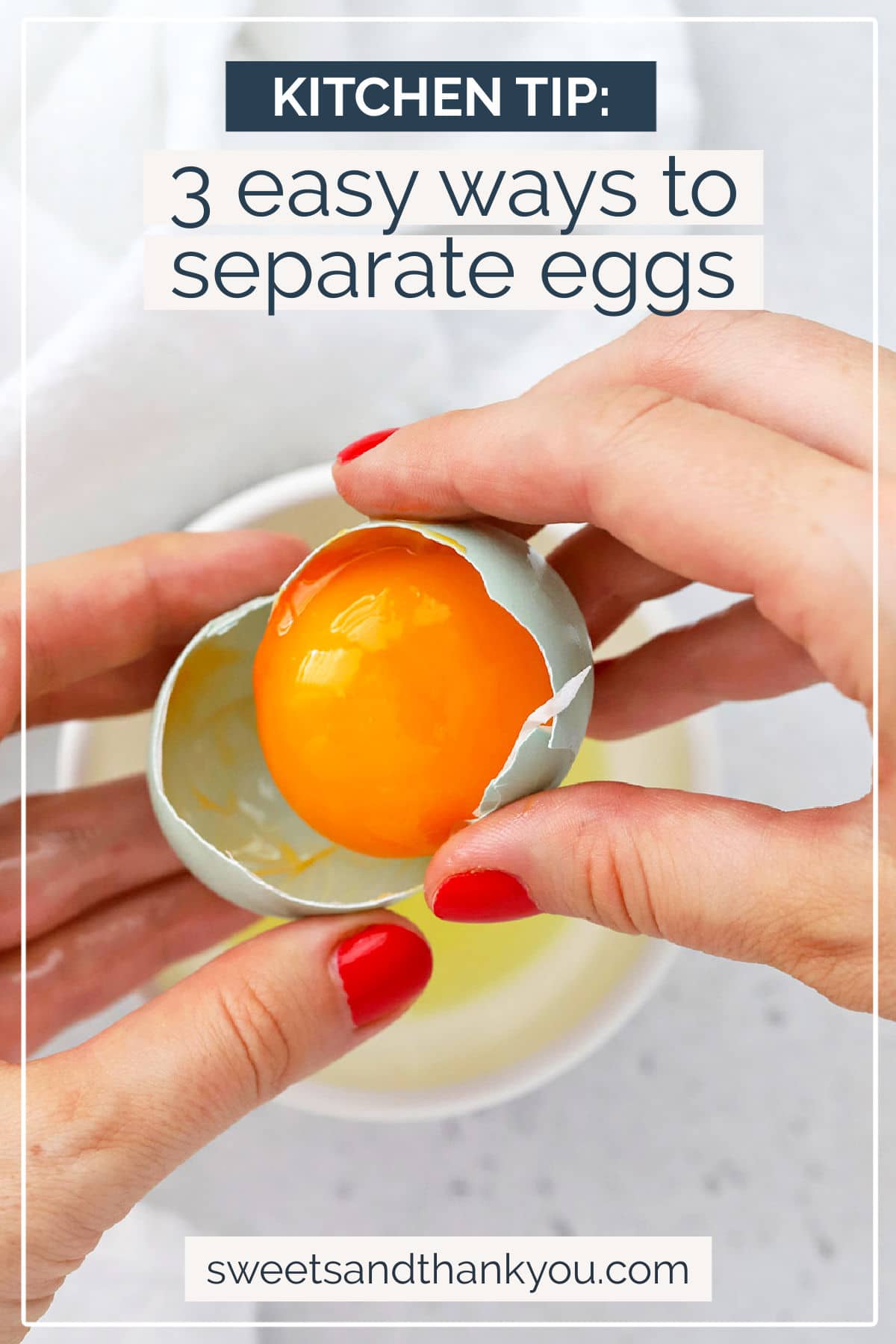 How to Separate Eggs - Learn 3 ways to separate egg whites and yolks for recipes. You’ll be ready to whip up meringues, add texture to cookies, and more! // How to separate eggs // How to separate egg yolks and whites // Baking Tips // Baking Basics // Baking Tutorial // Separating eggs #baking #glutenfreebaking #bakingtip #kitchentip #bakingtutorial #eggs #eggyolks #eggwhites