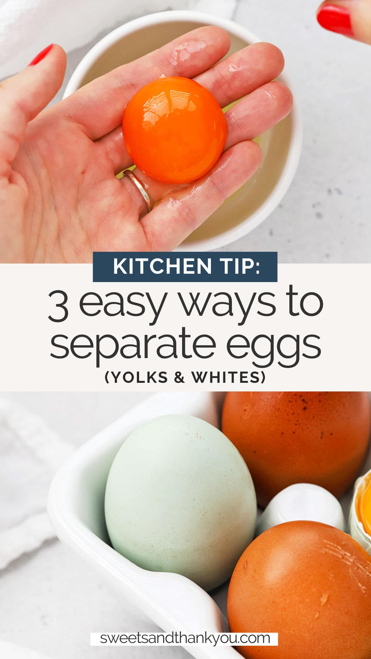 How to Separate Eggs - Learn 3 ways to separate egg whites and yolks for recipes. You’ll be ready to whip up meringues, add texture to cookies, and more! // How to separate eggs // How to separate egg yolks and whites // Baking Tips // Baking Basics // Baking Tutorial // Separating eggs #baking #glutenfreebaking #bakingtip #kitchentip #bakingtutorial #eggs #eggyolks #eggwhites