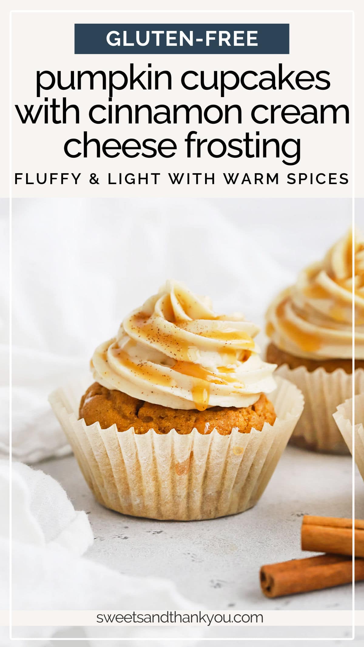 Gluten-Free Pumpkin Cupcakes With Cinnamon Cream Cheese Frosting - My favorite gluten-free pumpkin cupcake recipe with warm spices and a frosting you'll love! // Gluten-Free cupcakes // gluten free pumpkin cake // cinnamon cream cheese frosting recipe // #glutenfree #cupcakes #pumpkincupcakes #glutenfreepumpkin #glutenfreecake #glutenfreebaking