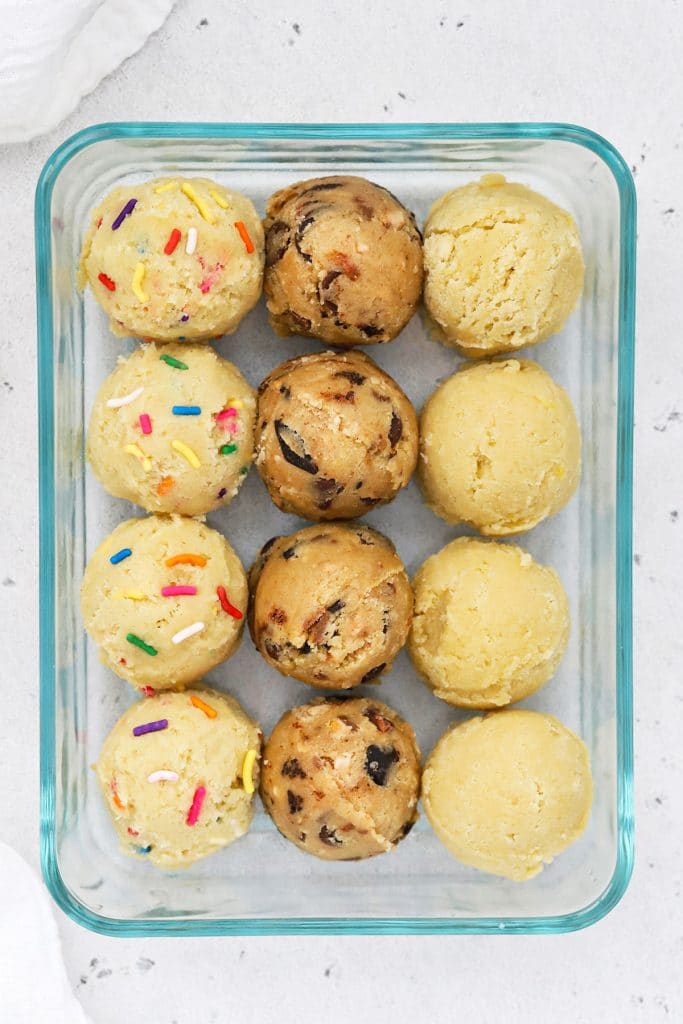 Overhead view of three kinds of frozen cookie dough
