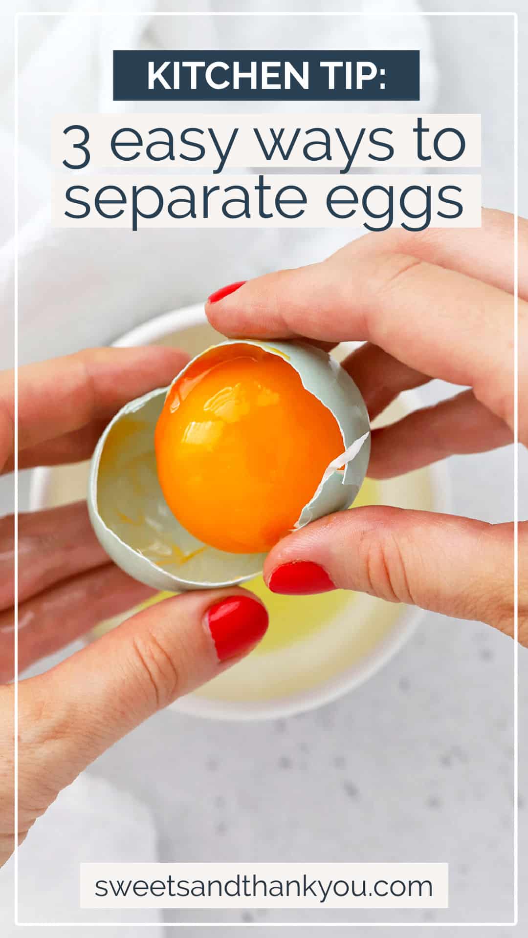 How to Separate Eggs - Learn 3 ways to separate egg whites and yolks for recipes. You’ll be ready to whip up meringues, add texture to cookies, and more! // How to separate eggs // How to separate egg yolks and whites // Baking Tips // Baking Basics // Baking Tutorial // Separating eggs / how to separate egg whites / how to separate egg yolk / how to separate an egg / how to separate eggs without a separator / how to separate eggs with your hands / how to separate eggs with the shells