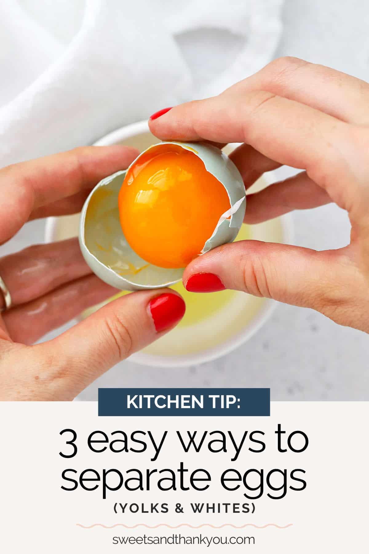 How to Separate Eggs - Learn 3 ways to separate egg whites and yolks for recipes. You’ll be ready to whip up meringues, add texture to cookies, and more! // How to separate eggs // How to separate egg yolks and whites // Baking Tips // Baking Basics // Baking Tutorial // Separating eggs / how to separate egg whites / how to separate egg yolk / how to separate an egg / how to separate eggs without a separator / how to separate eggs with your hands / how to separate eggs with the shells
