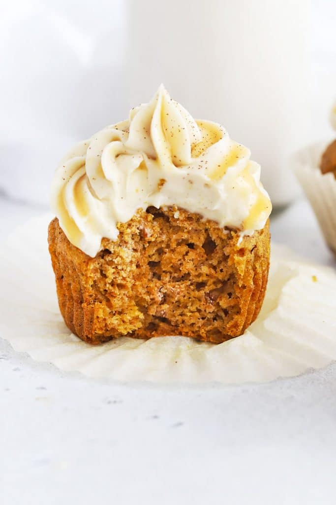 Gluten-Free Pumpkin Cupcakes with Cinnamon Cream Cheese Frosting and Caramel