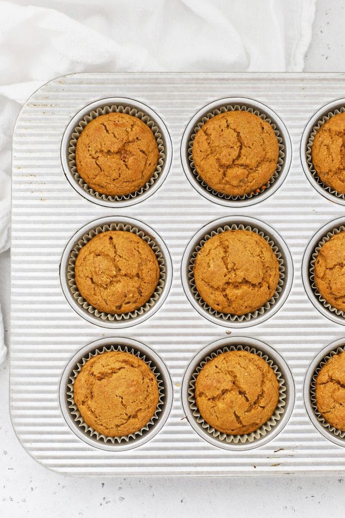 Overhead view of freshly baked gluten-free pumpkin cupcakes