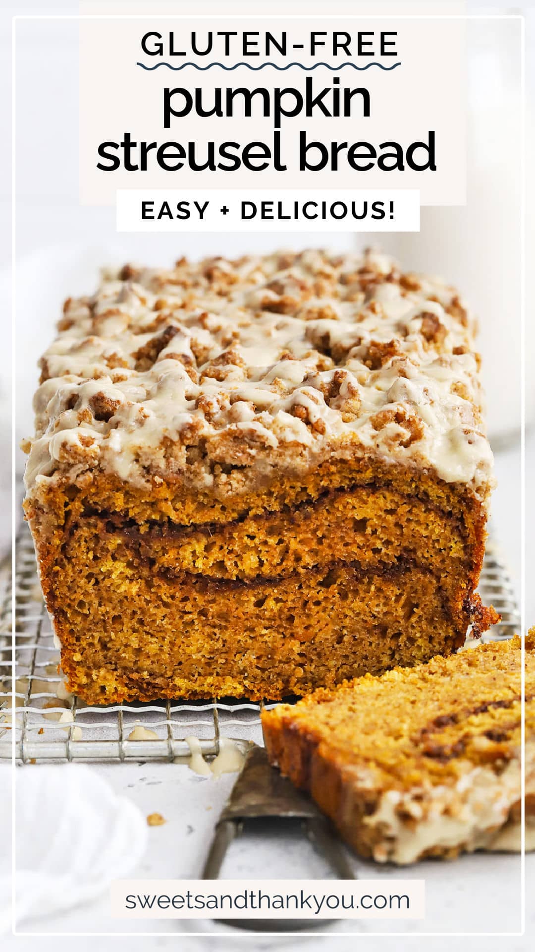 Gluten-Free Pumpkin Streusel Bread With Maple Glaze - This amazing gluten-free cinnamon swirl pumpkin bread is topped with a buttery crumble and sweet maple glaze. It's THE BEST gluten-free pumpkin bread recipe ever! // Cinnamon Swirl Pumpkin Bread Recipe // Maple Pumpkin Bread // Maple Glaze Pumpkin Bread // Glazed Pumpkin Bread // Gluten-Free Quick Bread //