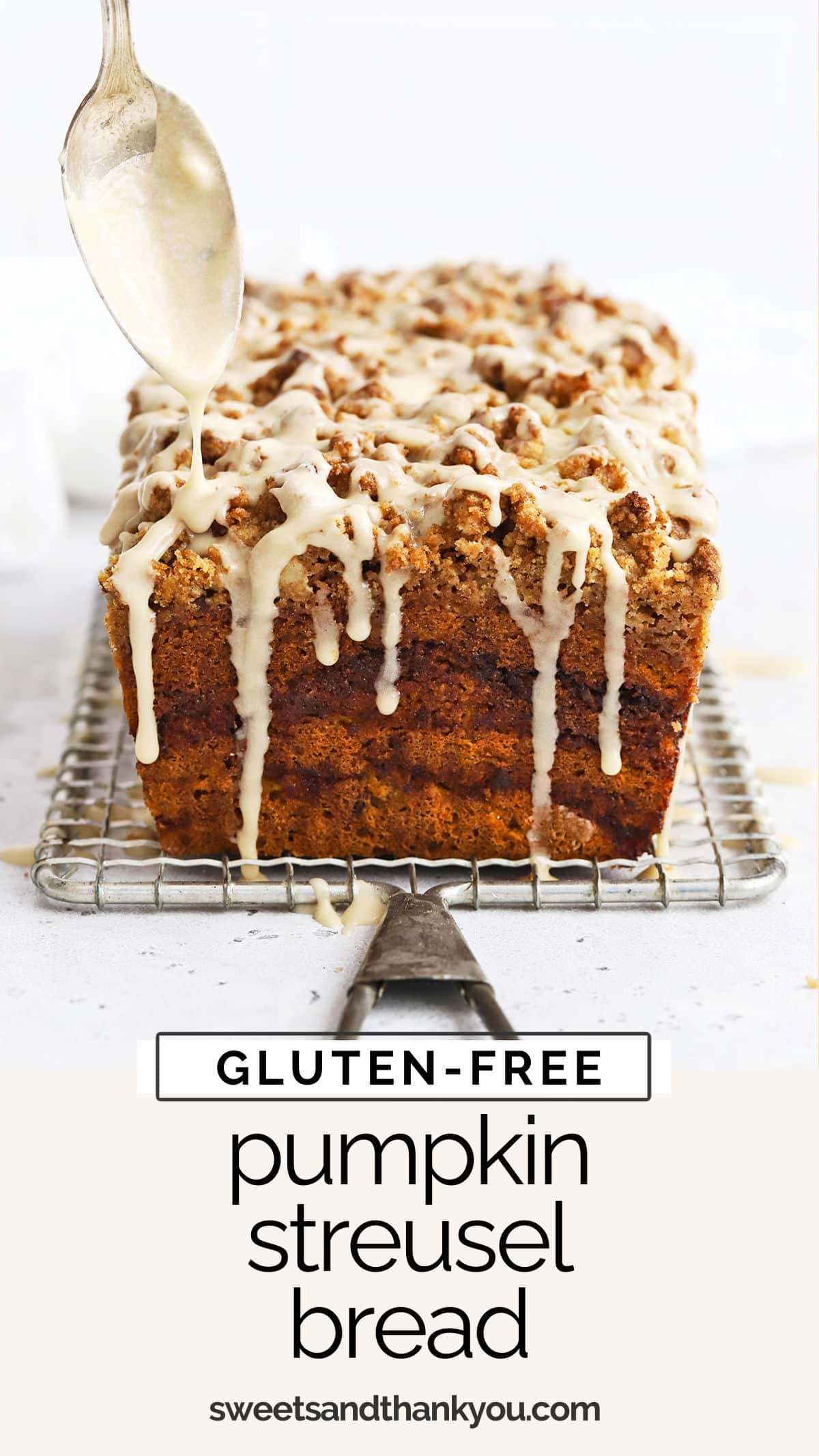 Gluten-Free Pumpkin Streusel Bread With Maple Glaze - This amazing gluten-free cinnamon swirl pumpkin bread is topped with a buttery crumble and sweet maple glaze. It's THE BEST gluten-free pumpkin bread recipe ever! // Cinnamon Swirl Pumpkin Bread Recipe // Maple Pumpkin Bread // Maple Glaze Pumpkin Bread // Glazed Pumpkin Bread // Gluten-Free Quick Bread // 
