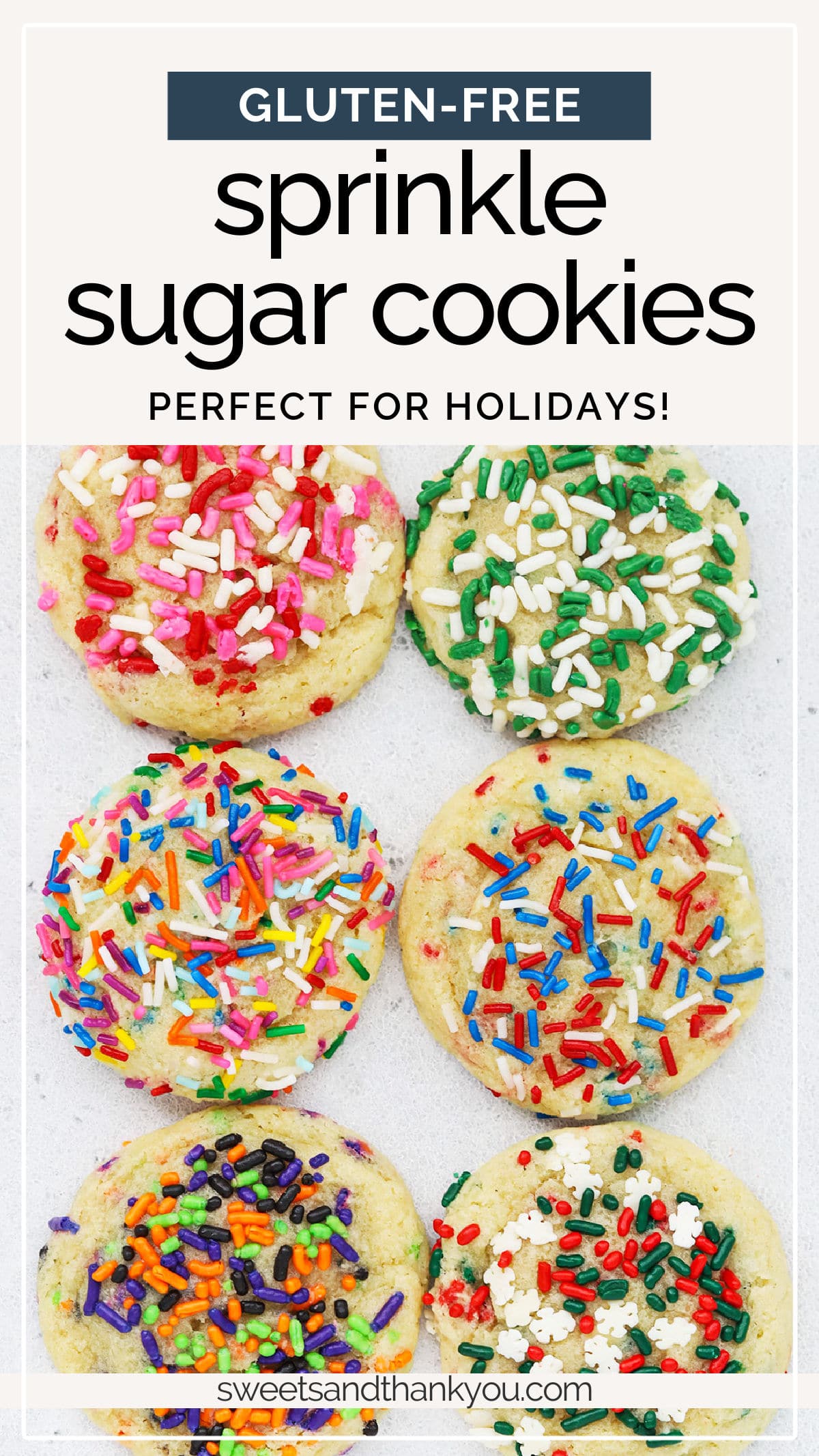 Gluten-Free Sprinkle Sugar Cookies - Soft gluten-free sugar cookies with sprinkles are so cute! They're perfect for celebrating holidays, birthdays, and special occasions. // Gluten-Free Sprinkle Cookies // Gluten-Free Funfetti Cookies // Gluten-Free Confetti Cookies // Gluten-Free Holiday Sprinkle Cookies // Holiday Sprinkle Sugar Cookies #glutenfree #cookies #sprinkles #sugarcookies #funfetti #sprinklecookies #holidaycookies