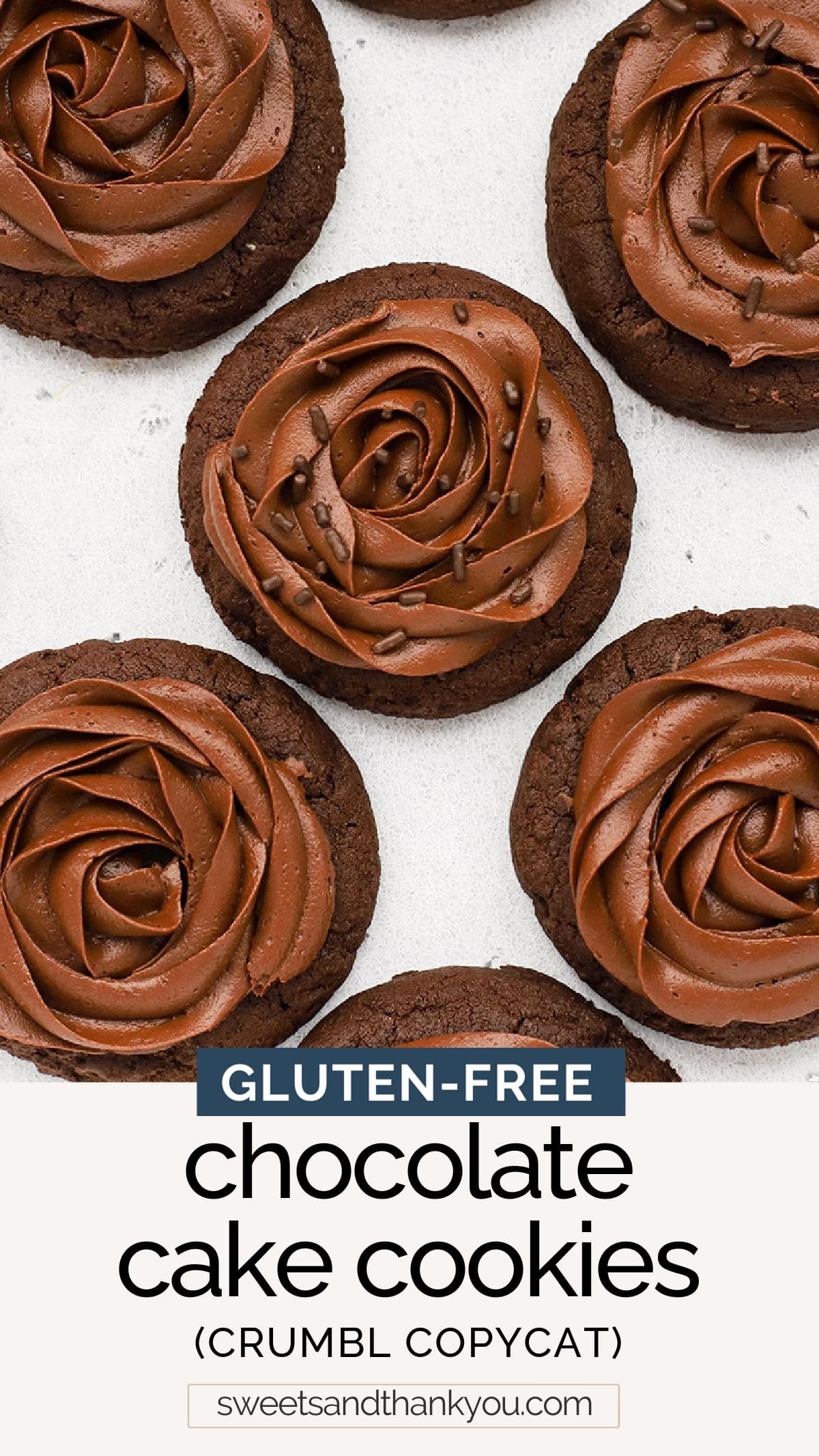 Gluten-Free Chocolate Cake Cookies - Our Crumbl copycat chocolate cake cookies with chocolate frosting are your new favorite way to satisfy a chocolate craving. You'll love these pretty cookies! // Gluten-Free Chocolate Cake Cookie Recipe // Gluten-Free Crumbl Cookies // Gluten-Free Chocolate Cookies // Gluten-Free Crumbl Copycat Cookies // Gluten-Free Bakery Style Cookies #glutenfreecookies #crumblcookies #chocolatecookies #glutenfreebaking #cookies #chocolate #crumbl