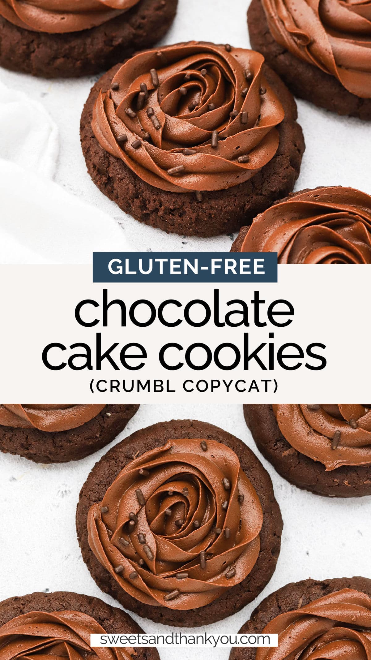 Gluten-Free Chocolate Cake Cookies - Our Crumbl copycat chocolate cake cookies with chocolate frosting are your new favorite way to satisfy a chocolate craving. You'll love these pretty cookies! // Gluten-Free Chocolate Cake Cookie Recipe // Gluten-Free Crumbl Cookies // Gluten-Free Chocolate Cookies // Gluten-Free Crumbl Copycat Cookies // Gluten-Free Bakery Style Cookies #glutenfreecookies #crumblcookies #chocolatecookies #glutenfreebaking #cookies #chocolate #crumbl