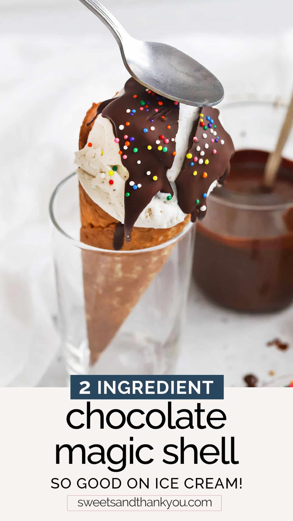 Easy 2-Ingredient Chocolate Shell For Ice Cream - This homemade magic shell topping recipe adds a perfect chocolatey crunch to your favorite scoop of ice cream! // Homemade chocolate magic shell // healthy magic shell // vegan magic shell // vegan chocolate shell // healthy chocolate shell // homemade magic shell for ice cream // Chocolate sauce for ice cream // ice cream chocolate sauce 