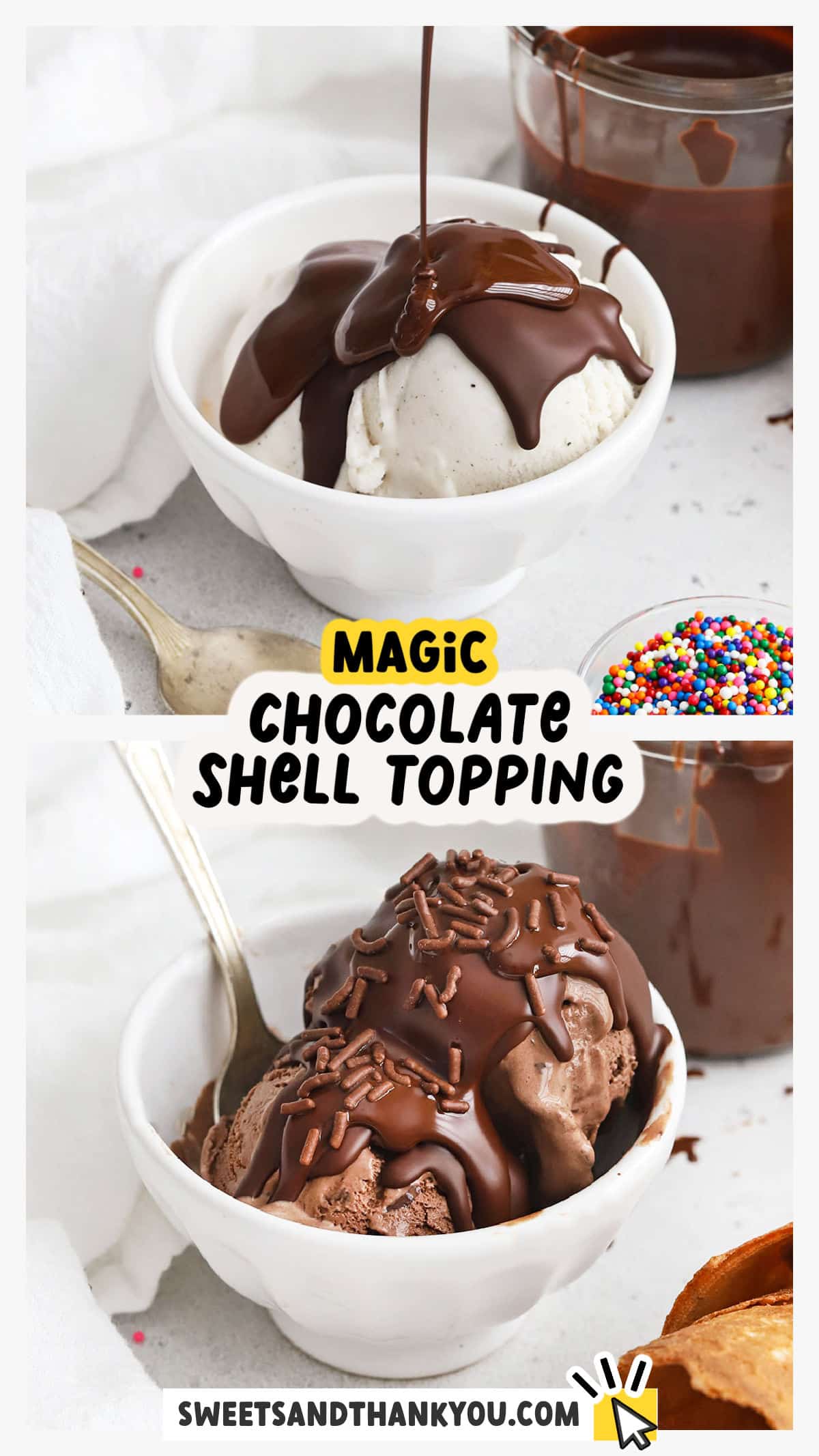 This summer, you have to try our easy 2-Ingredient Chocolate Shell For Ice Cream! This homemade magic shell topping recipe adds a perfect chocolatey crunch to your favorite scoop of ice cream! This yummy ice cream topping works perfectly on ice cream cones, sundaes, and other frozen treats (like banana pops, homemade trufru, and more). Best of all, you can easily make it as vegan chocolate shell using dairy-free chocolate chips! 