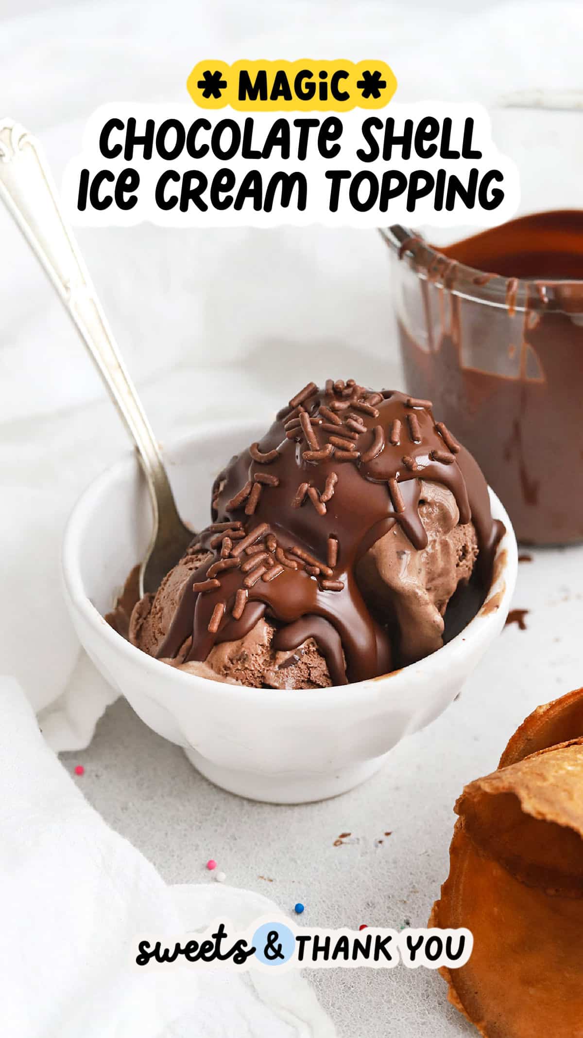 This summer, you have to try our easy 2-Ingredient Chocolate Shell For Ice Cream! This homemade magic shell topping recipe adds a perfect chocolatey crunch to your favorite scoop of ice cream! This yummy ice cream topping works perfectly on ice cream cones, sundaes, and other frozen treats (like banana pops, homemade trufru, and more). Best of all, you can easily make it as vegan chocolate shell using dairy-free chocolate chips! 