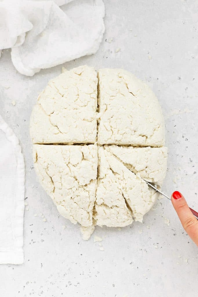 Cutting gluten-free biscuit dough into portions