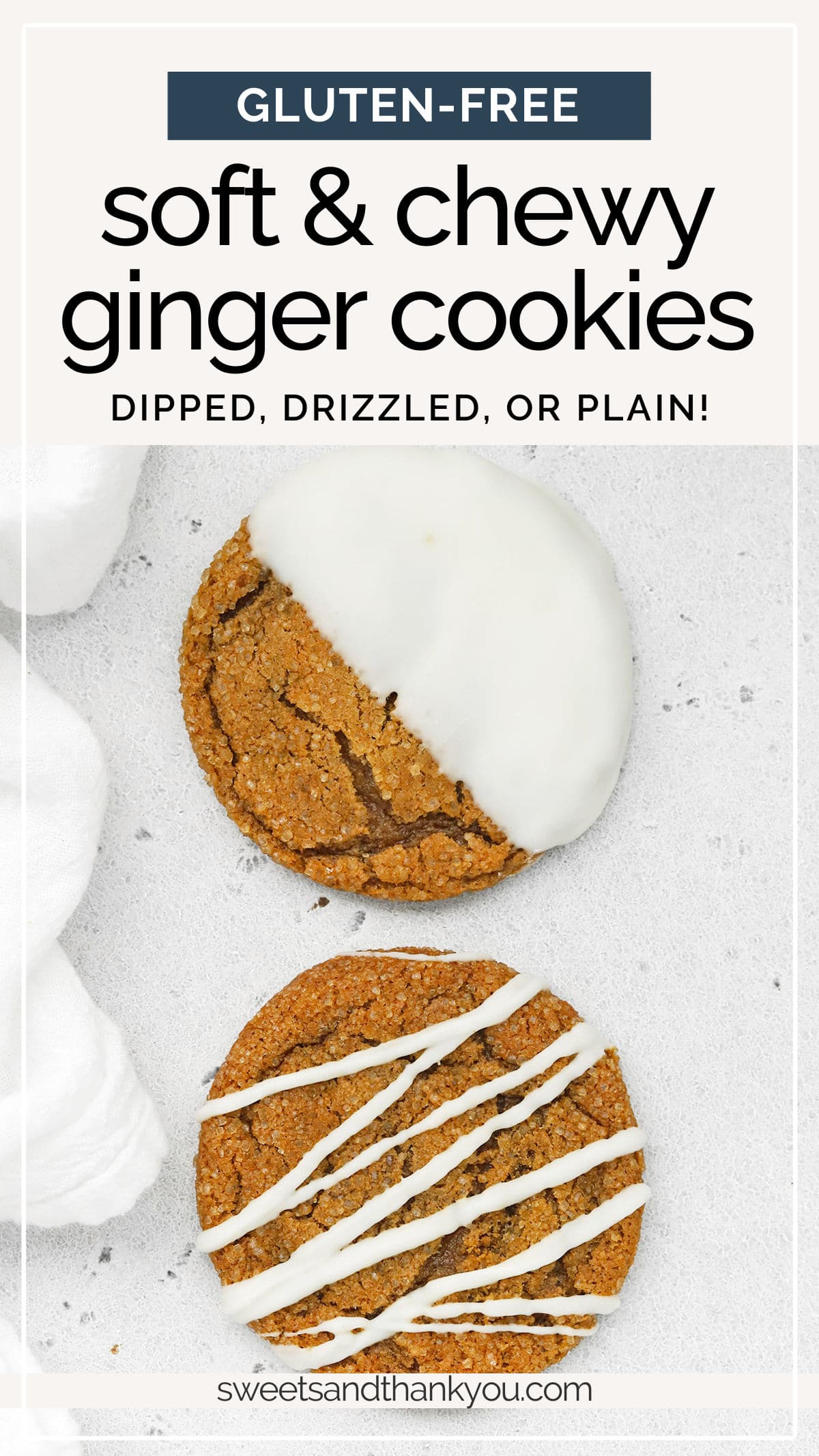 Soft & Chewy Gluten-Free Ginger Cookies - These gorgeous soft ginger cookies taste even better than they look. Try them drizzled or dipped in white chocolate for an extra pretty finish! // gluten free ginger cookies // chewy ginger cookies // soft ginger cookies // holiday ginger cookies // dipped ginger cookies // easy ginger cookies // gluten free holiday cookies // holiday cookie plate