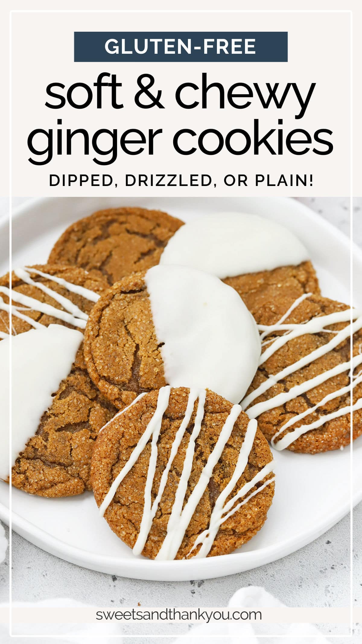 Soft & Chewy Gluten-Free Ginger Cookies - These gorgeous soft ginger cookies taste even better than they look. Try them drizzled or dipped in white chocolate for an extra pretty finish! // gluten free ginger cookies // chewy ginger cookies // soft ginger cookies // holiday ginger cookies // dipped ginger cookies // easy ginger cookies // gluten free holiday cookies // holiday cookie plate