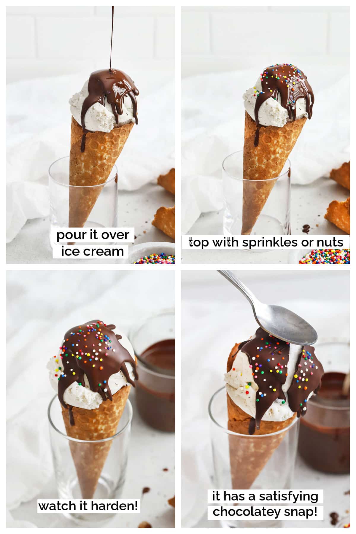 pouring homemade magic chocolate shell on an ice cream cone