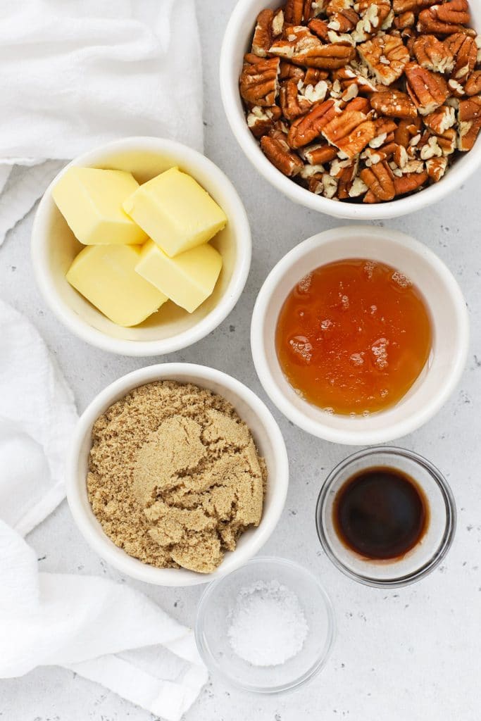 Overhead view of ingredients for gluten-free salted caramel pecan bars filling