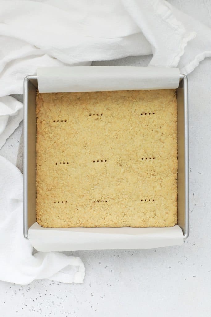 Gluten-free brown sugar shortbread crust fresh from the oven