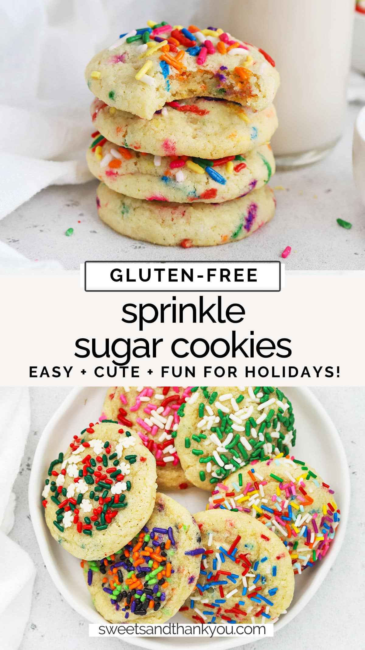 Gluten-Free Sprinkle Sugar Cookies - Soft gluten-free sugar cookies with sprinkles are so cute! They're perfect for celebrating holidays, birthdays, and special occasions. // Gluten-Free Sprinkle Cookies // Gluten-Free Funfetti Cookies // Gluten-Free Confetti Cookies // Gluten-Free Holiday Sprinkle Cookies // Holiday Sprinkle Sugar Cookies // gluten-free christmas cookies // gluten-free halloween cookies // gluten-free holiday cookies // gluten-free valentine's day cookies