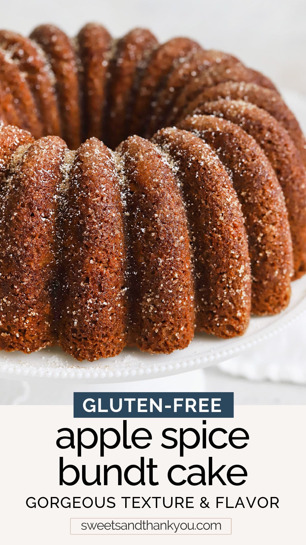 Gluten-Free Apple Spice Bundt Cake. This gluten-free apple bundt cake has warm flavors & gorgeous tender texture. Try it with caramel sauce or cinnamon sugar for a fun finish! / Apple Spice Bundt Cake Recipe / Gluten Free Bundt Cake Recipe / Fall Dessert / Gluten Free Cake / Gluten Free Apple Cake / How to keep bundt cake from sticking / Holiday Dessert / Thanksgiving Dessert / Christmas Dessert / Christmas Cake / Gluten Free Spice Cake // Spice Cake Bundt // Apple Bundt