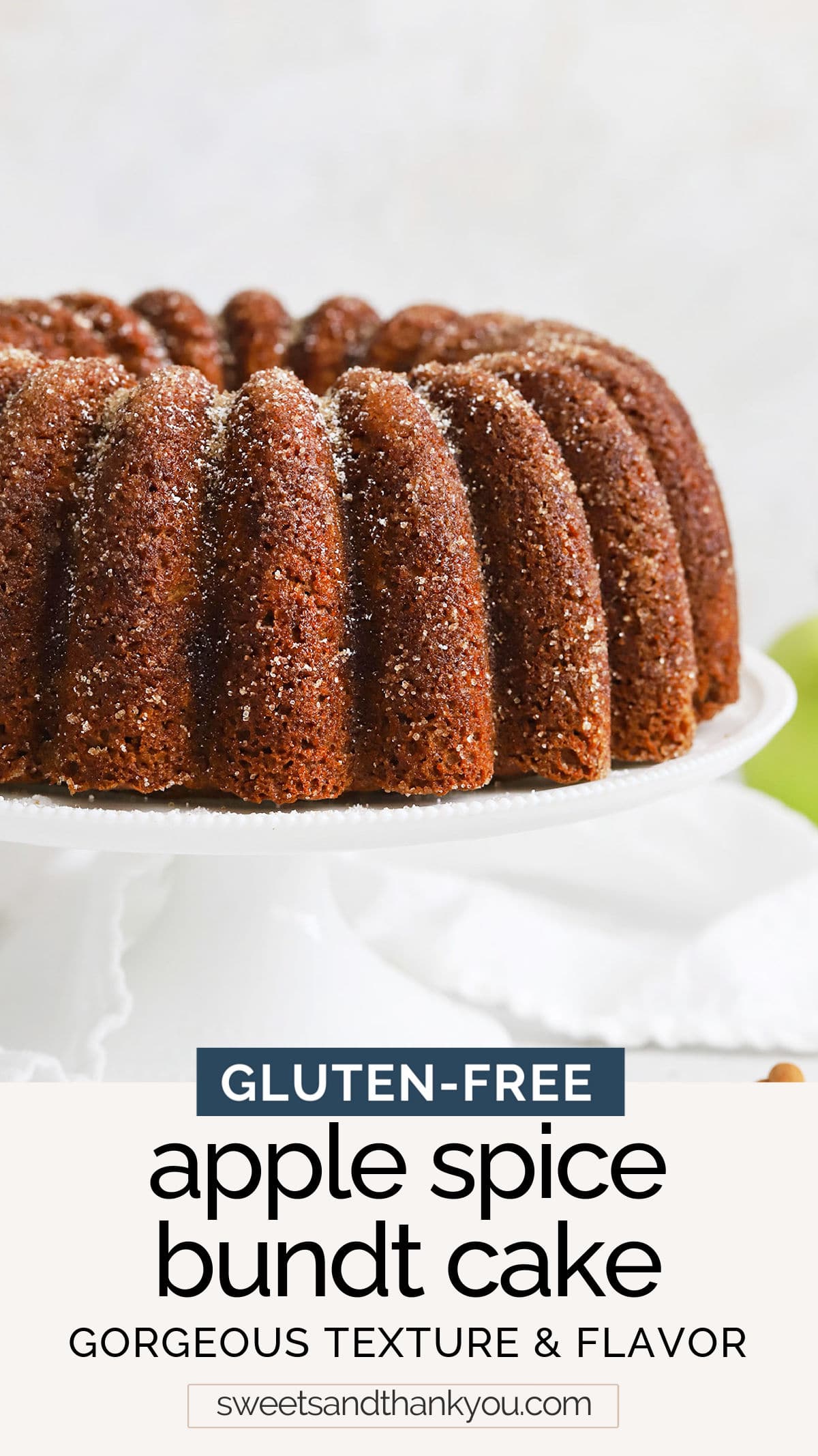 Gluten-Free Apple Spice Bundt Cake. This gluten-free apple bundt cake has warm flavors & gorgeous tender texture. Try it with caramel sauce or cinnamon sugar for a fun finish! / Apple Spice Bundt Cake Recipe / Gluten Free Bundt Cake Recipe / Fall Dessert / Gluten Free Cake / Gluten Free Apple Cake / How to keep bundt cake from sticking / Holiday Dessert / Thanksgiving Dessert / Christmas Dessert / Christmas Cake / Gluten Free Spice Cake // Spice Cake Bundt // Apple Bundt