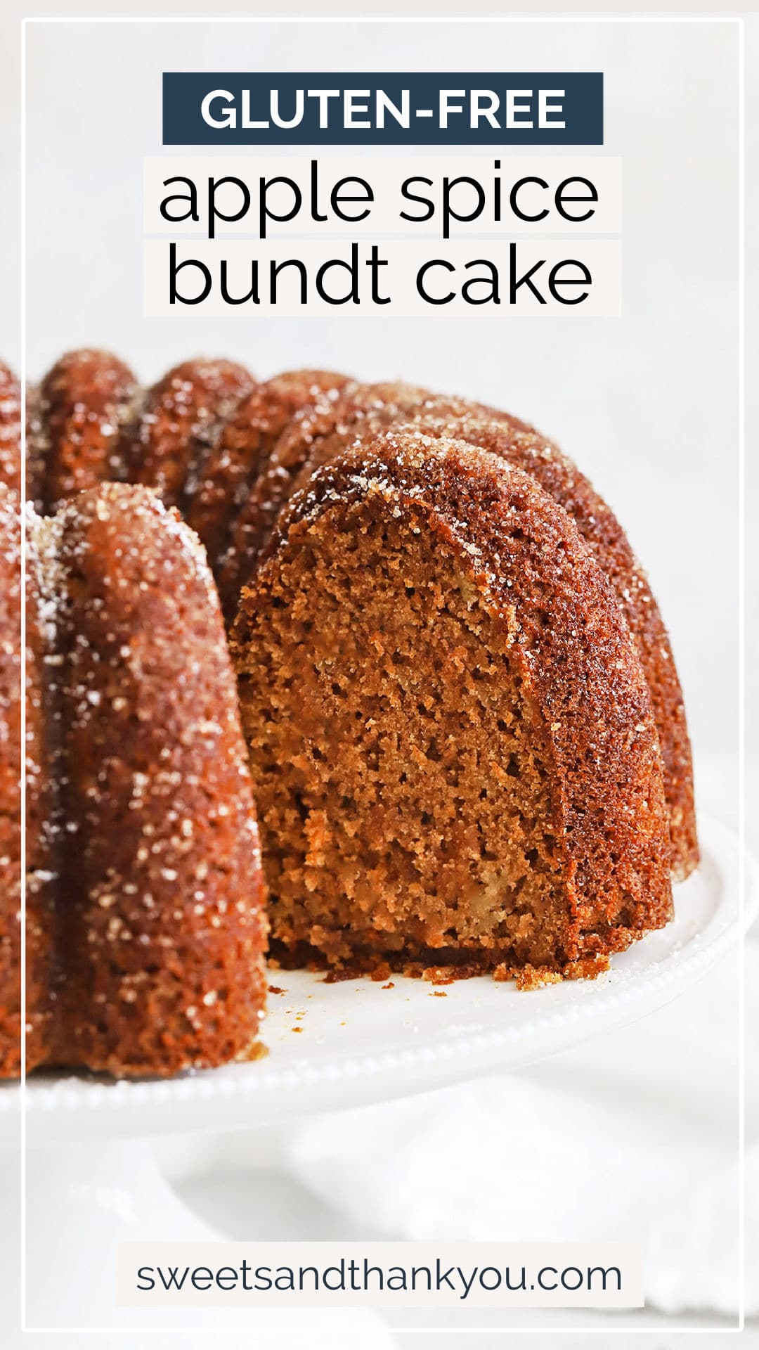 Gluten-Free Apple Spice Bundt Cake. This gluten-free apple bundt cake has warm flavors & gorgeous tender texture. Try it with caramel sauce or cinnamon sugar for a fun finish! / Apple Spice Bundt Cake Recipe / Gluten Free Bundt Cake Recipe / Fall Dessert / Gluten Free Cake / Gluten Free Apple Cake / How to keep bundt cake from sticking / Holiday Dessert / Thanksgiving Dessert / Christmas Dessert / Christmas Cake / Gluten Free Spice Cake 
