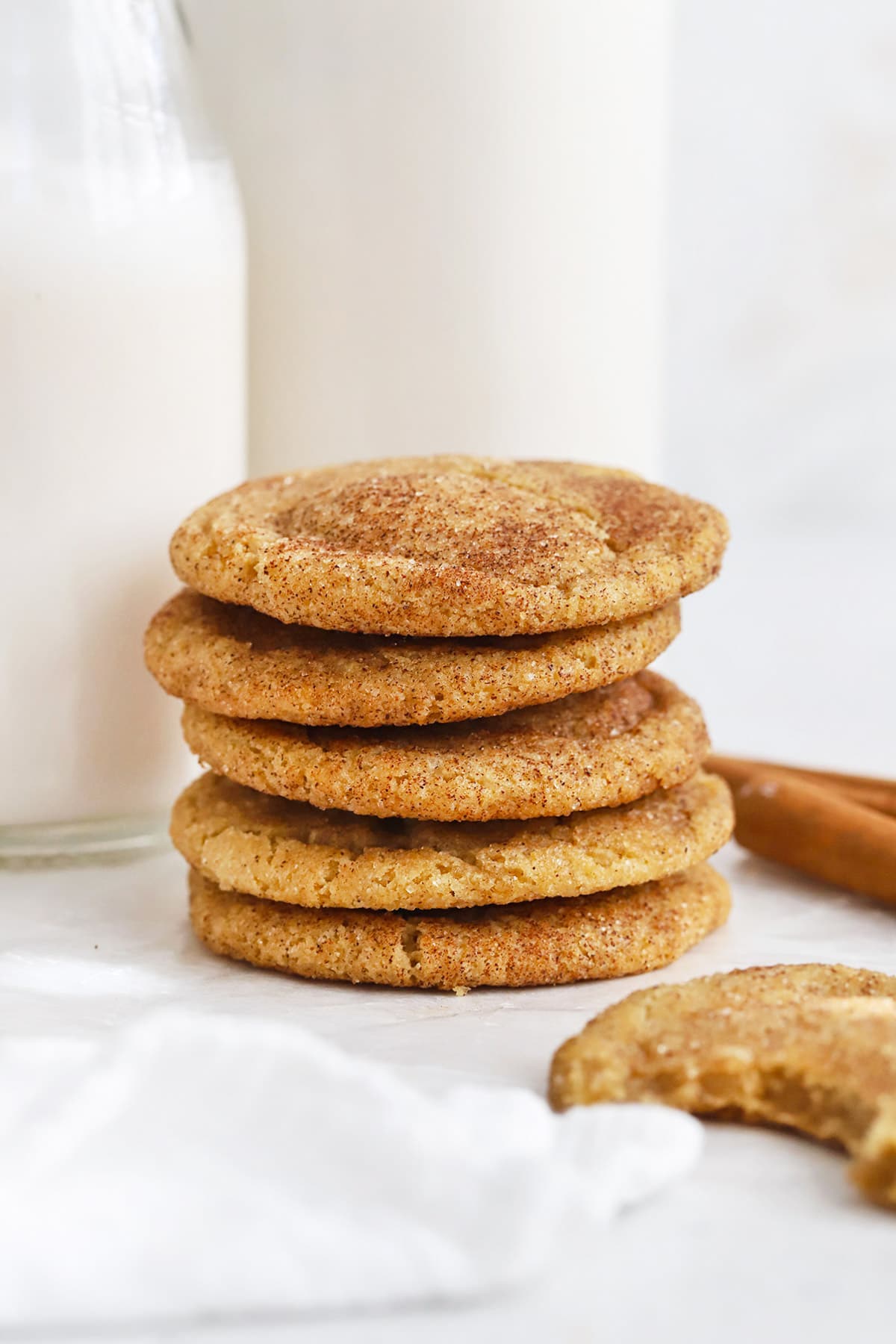 Front view of a stack of gluten-free brown butter caramel snickerdoodles