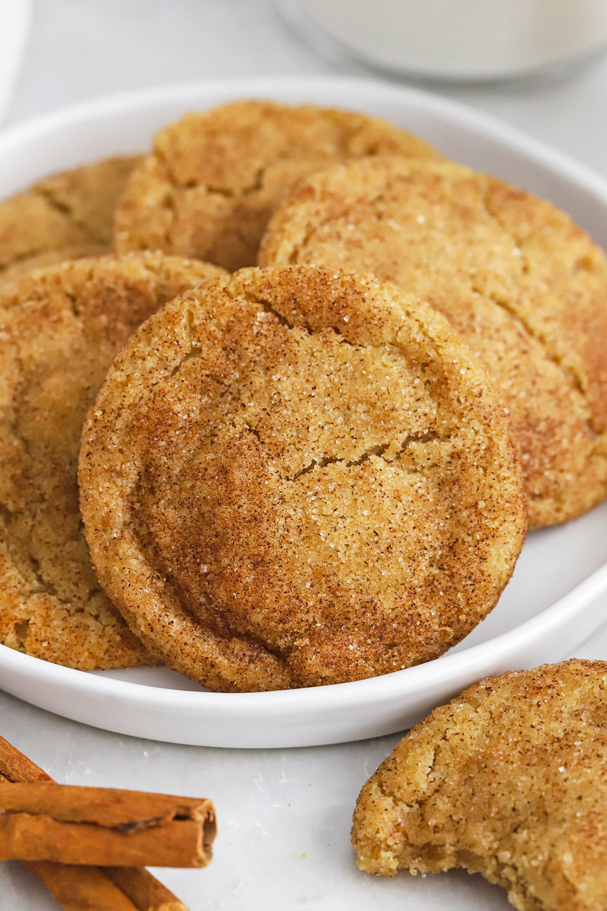 Front view of a plate of gluten-free brown butter caramel snickerdoodles