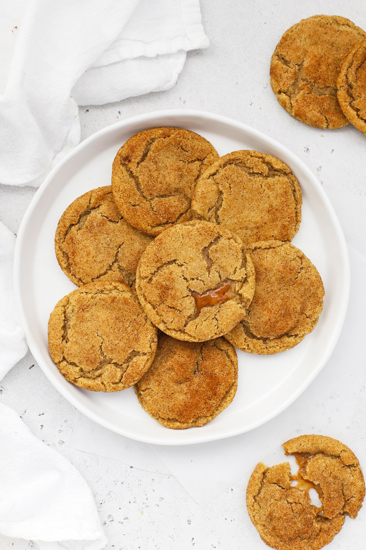 Overhead view of a plate of gluten-free brown butter caramel snickerdoodles