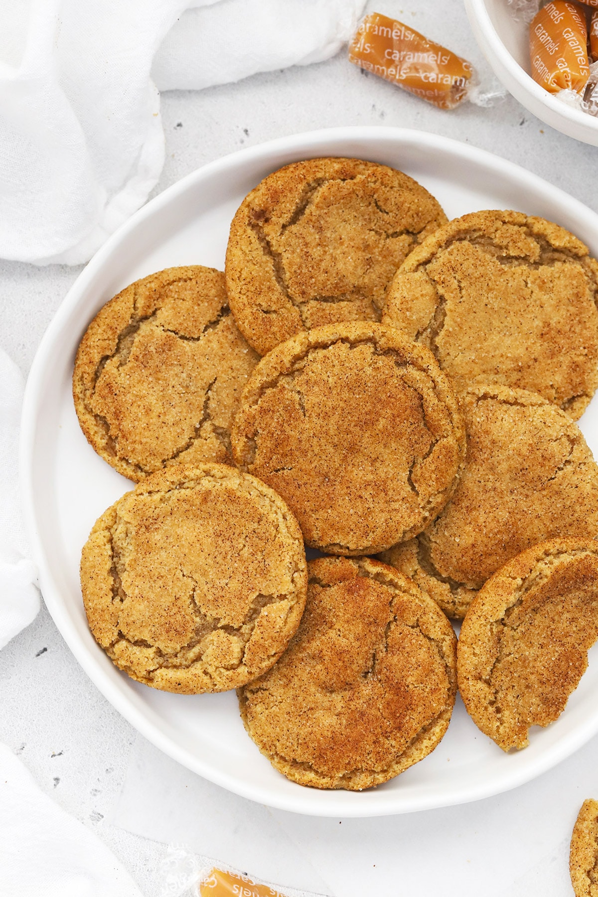 Overhead view of a plate of gluten-free brown butter caramel snickerdoodles