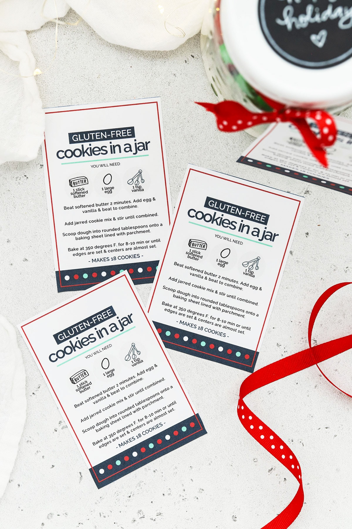 Overhead view of free printable labels for gluten-free cookies in a jar