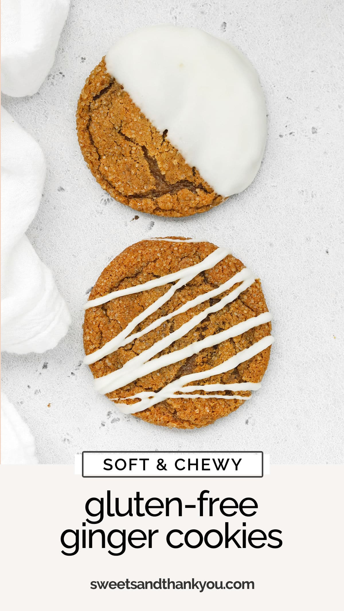 Soft & Chewy Gluten-Free Ginger Cookies - These gorgeous soft ginger cookies taste even better than they look. Try them drizzled or dipped in white chocolate for an extra pretty finish! // gluten free ginger cookies // chewy ginger cookies // soft ginger cookies // holiday ginger cookies // dipped ginger cookies // easy ginger cookies // gluten free holiday cookies // gluten-free holiday cookie plate / gluten-free christmas cookies / gluten-free cookie exchange recipe