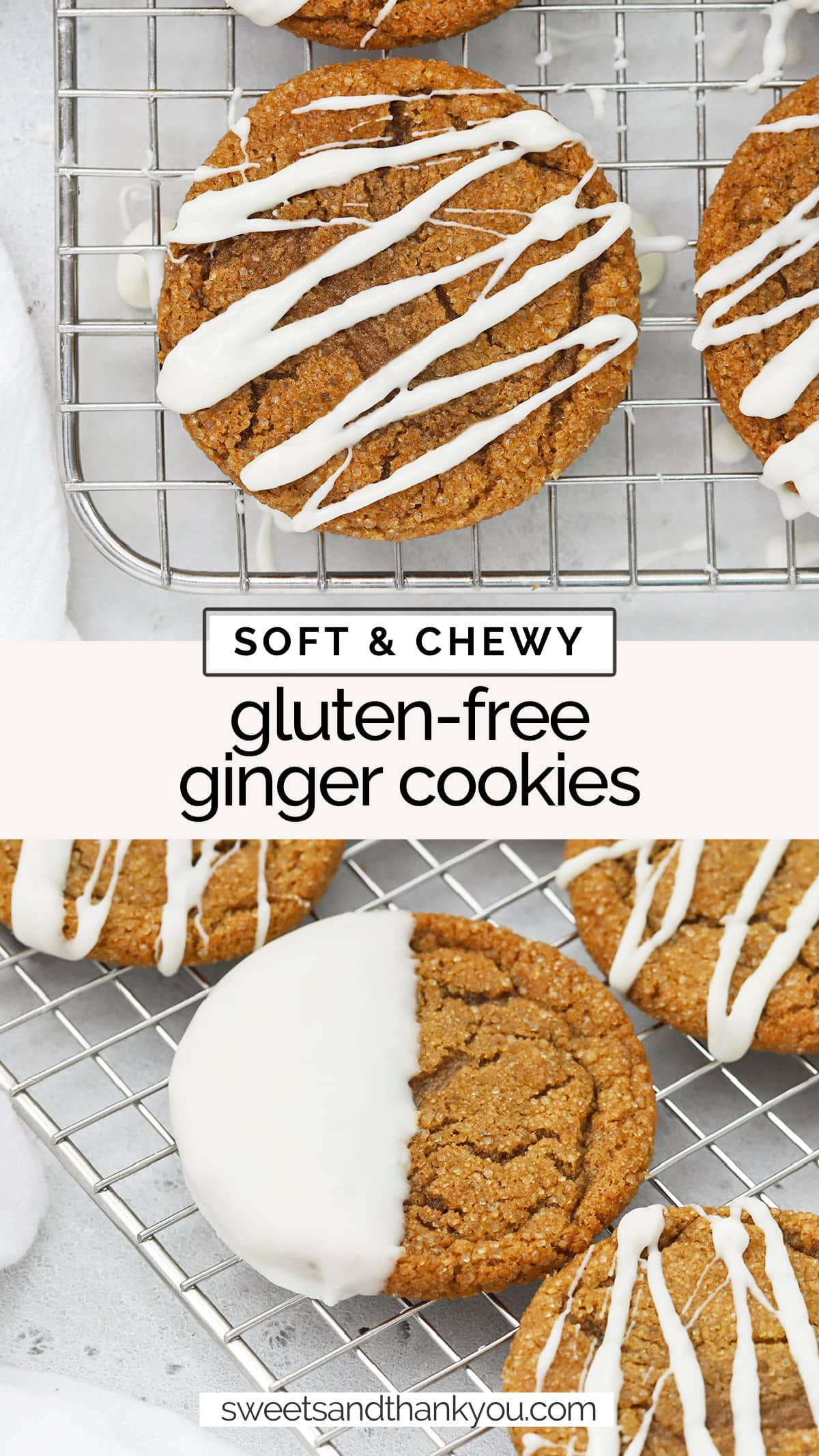 Soft & Chewy Gluten-Free Ginger Cookies - These gorgeous soft ginger cookies taste even better than they look. Try them drizzled or dipped in white chocolate for an extra pretty finish! // gluten free ginger cookies // chewy ginger cookies // soft ginger cookies // holiday ginger cookies // dipped ginger cookies // easy ginger cookies // gluten free holiday cookies // gluten-free holiday cookie plate / gluten-free christmas cookies / gluten-free cookie exchange recipe
