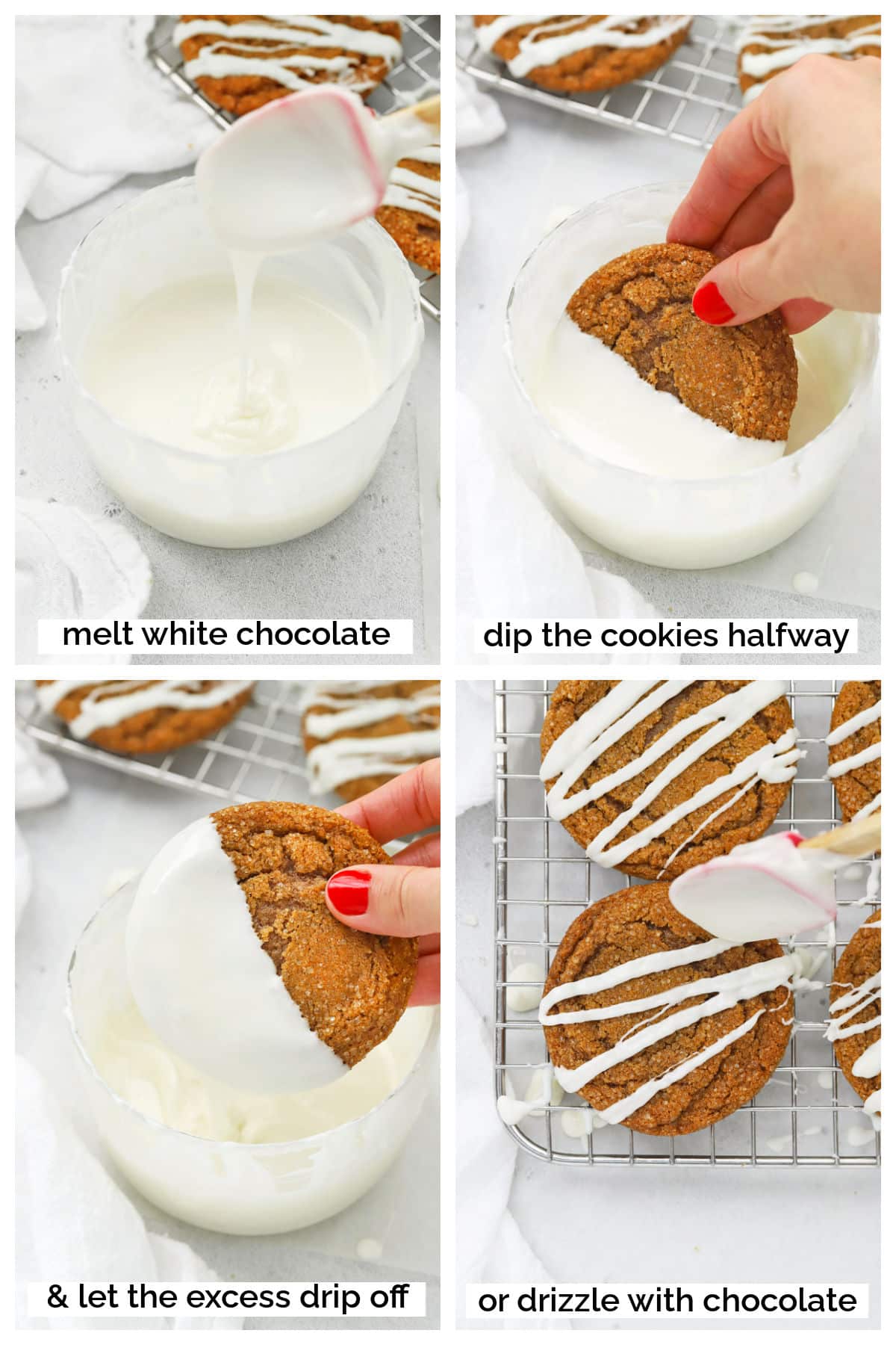 dipping gluten free ginger cookies in white chocolate and drizzling cookies with white chocolate