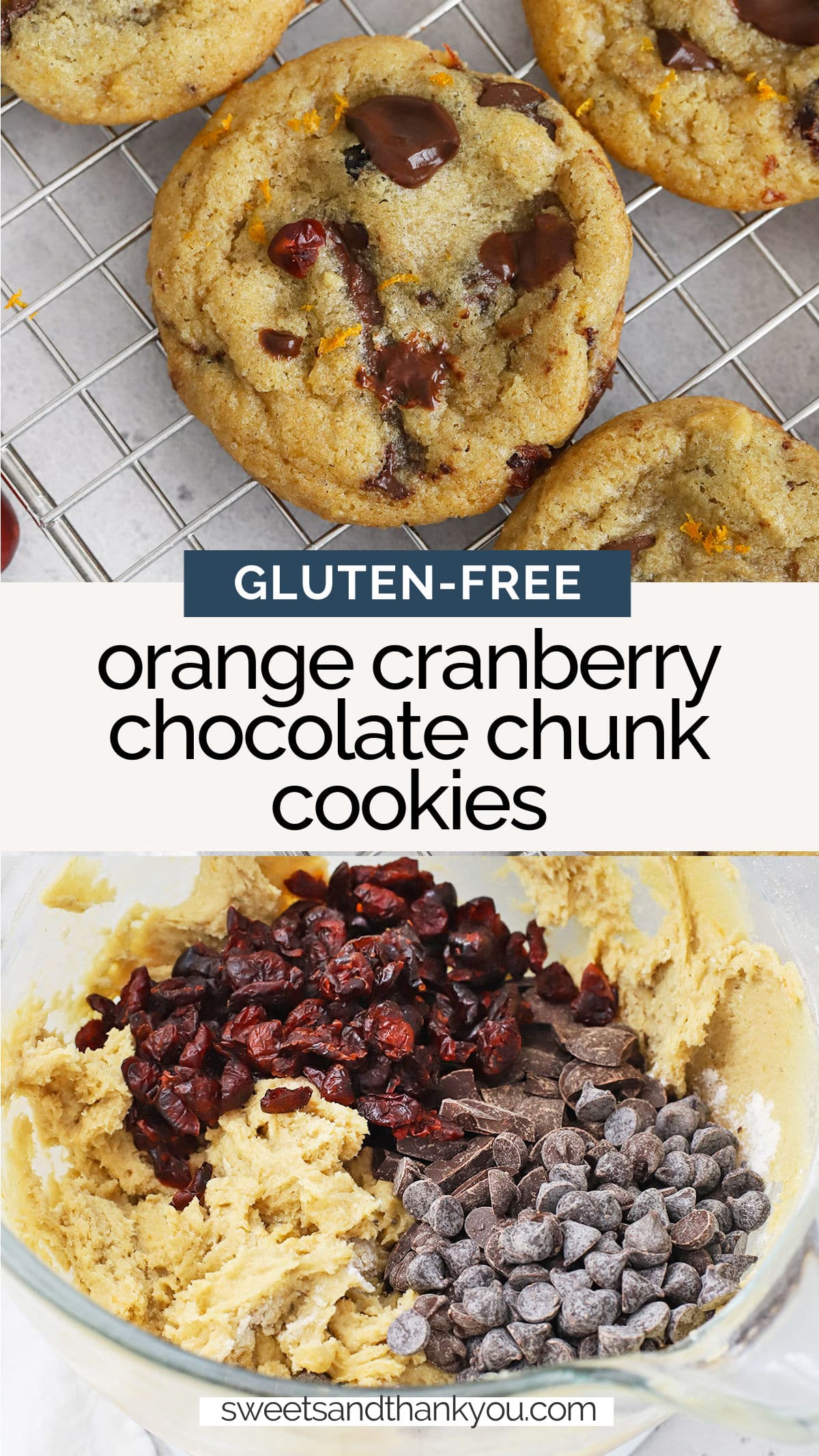 Gluten-Free Orange Cranberry Chocolate Chunk Cookies - These orange cranberry cookies have plenty of chocolate in every bite. They're a perfect gluten-free holiday cookie! // Gluten-Free Cranberry Chocolate Chip Cookies // Gluten-Free Christmas Cookies // Orange Chocolate Chip Cookies // Orange Cranberry Cookies // Gluten Free Chocolate Chunk Cookies