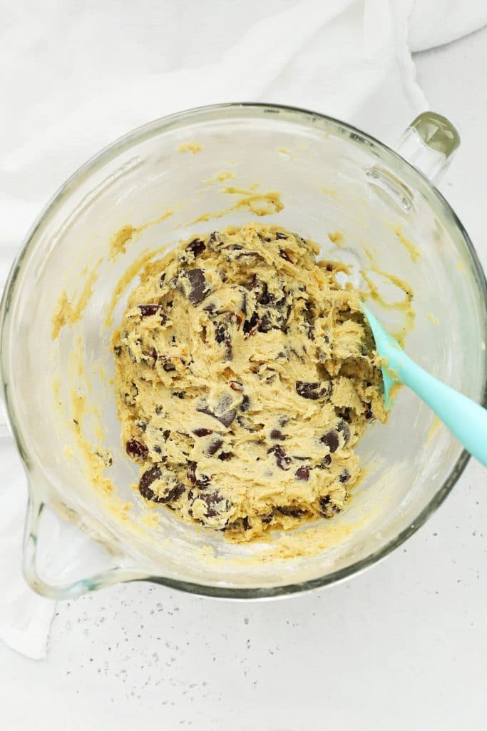 Overhead view of gluten-free orange cranberry chocolate chip cookie dough