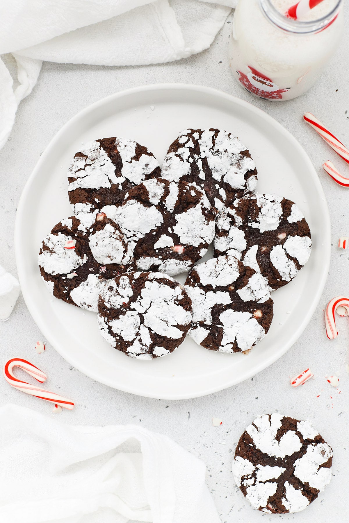 Overhead view of a plate of gluten-free peppermint chocolate crinkle cookies
