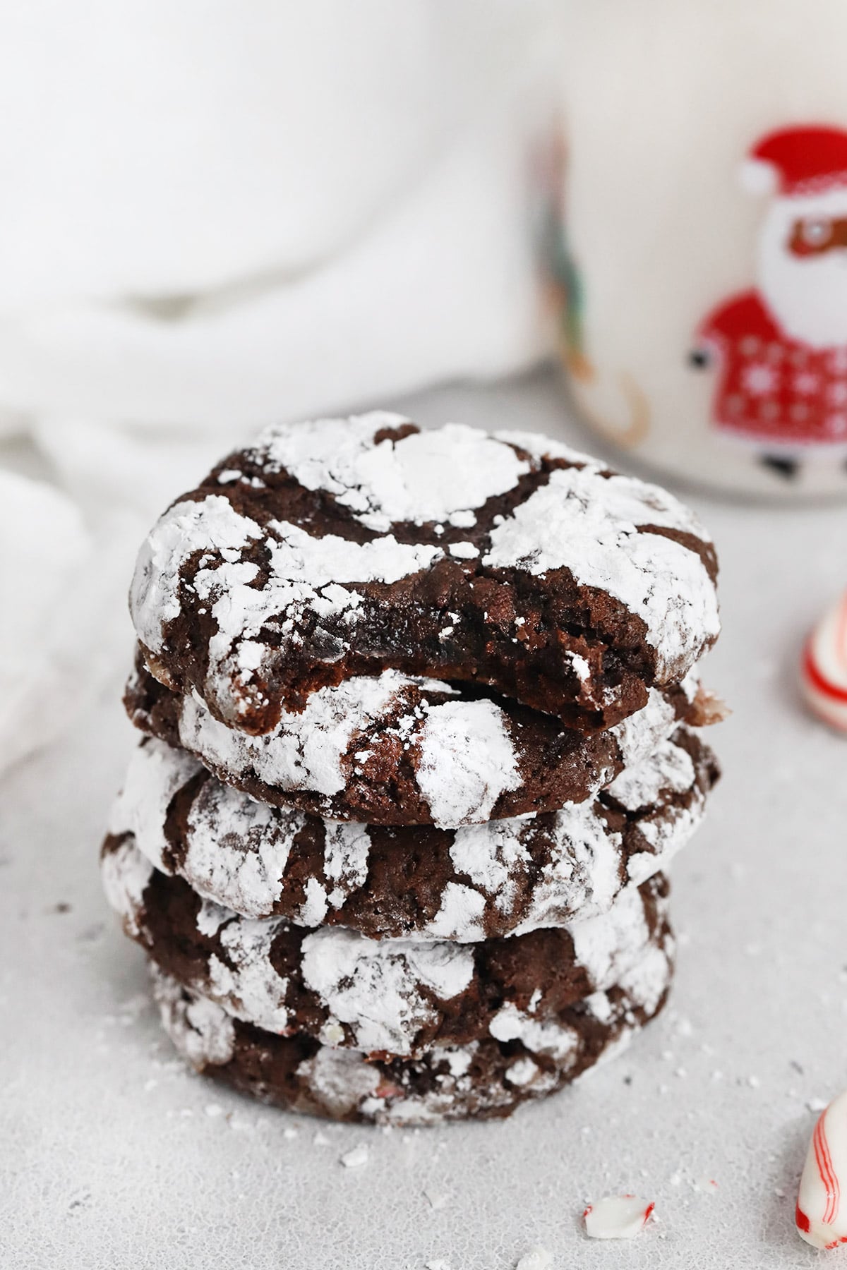 Stack of gluten-free peppermint chocolate crinkle cookies