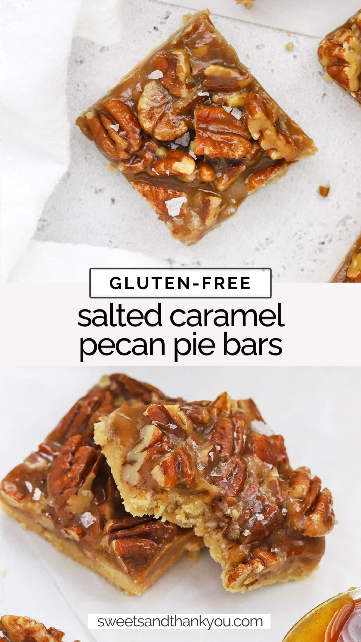 Gluten-Free Salted Caramel Pecan Bars - With their brown sugar shortbread crust and salted caramel pecan filling, these yummy gluten-free pecan pie bars are as delicious as they are gorgeous. // Gluten Free Pecan Bars // Pecan bars without corn syrup // pecan bars no corn syrup // pecan pie bars recipe // thanksgiving dessert // gluten free dessert // gluten free baking // gluten free pecan pie