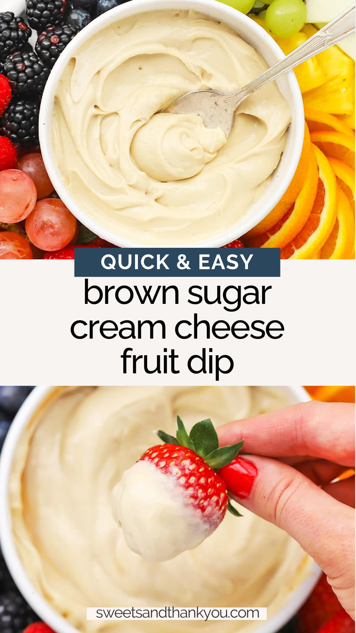 Brown Sugar Cream Cheese Fruit Dip - This easy brown sugar fruit dip recipe only takes 5 ingredients and less than 5 minutes to make. It makes every occasion a little more delicious! // Cream Cheese Fruit Dip Recipe // brown sugar dip // caramel cream cheese fruit dip // party fruit dip // fruit tray // gluten free fruit dip // fruit dip without yogurt // fruit dip without sour cream // caramel brown sugar fruit dip