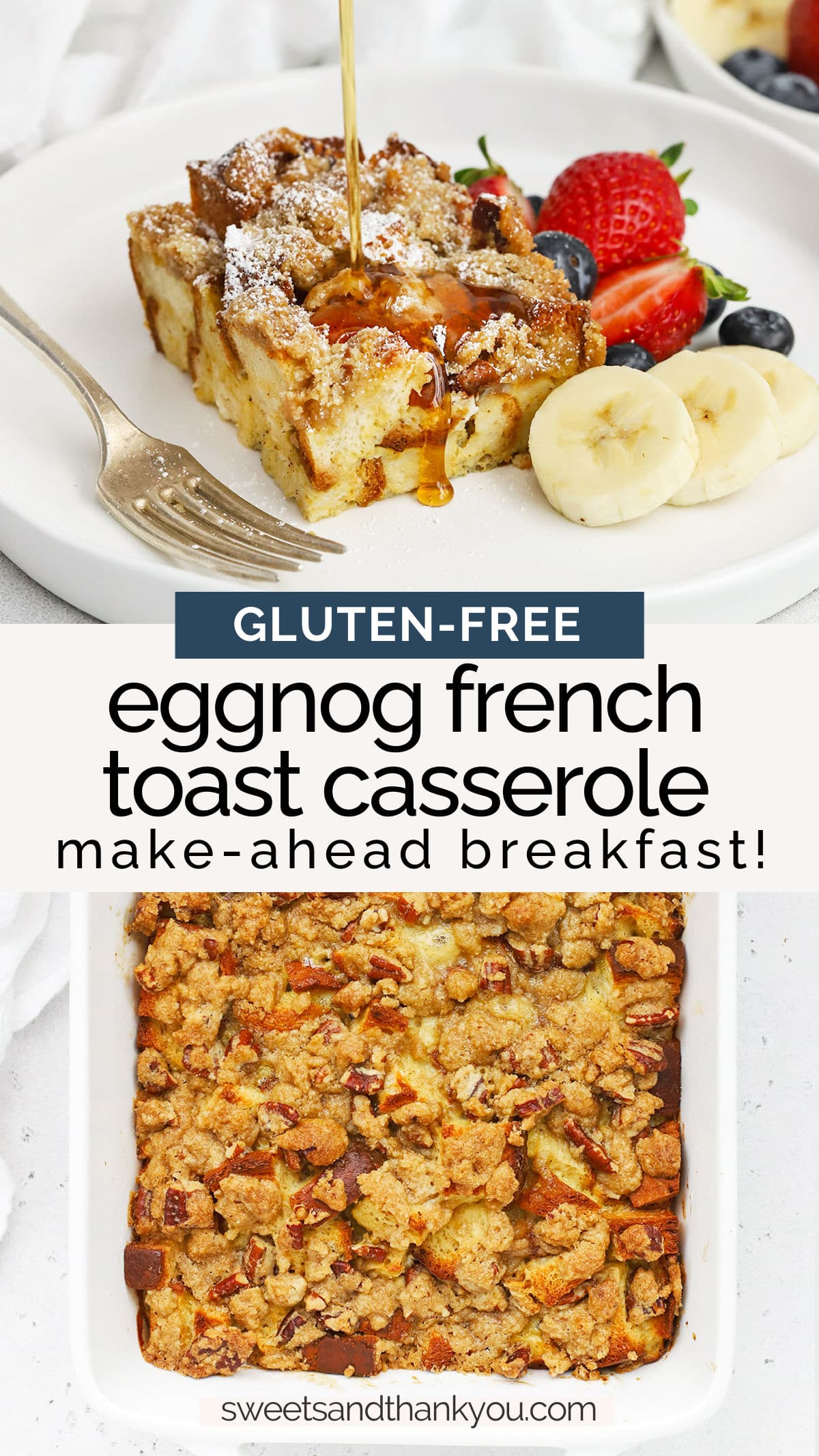 Gluten-Free Eggnog French Toast Casserole - This eggnog baked french toast is a delightful make-ahead holiday breakfast. We love the warm spices & how easy it is to make! // gluten free baked French toast // gluten free French toast bake // eggnog French toast baker // eggnog French toast casserole // gluten-free eggnog french toast // gluten free french toast recipe // gluten-free eggnog bread pudding