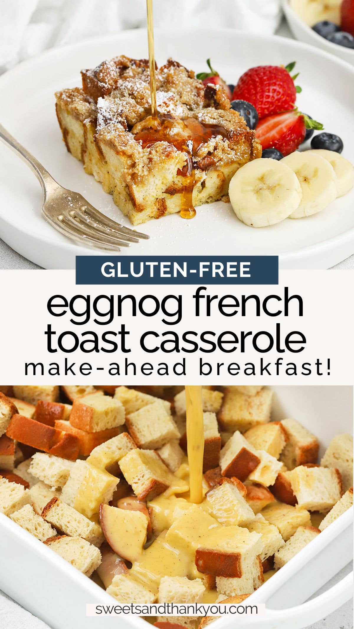 Gluten-Free Eggnog French Toast Casserole - This eggnog baked french toast is a delightful make-ahead holiday breakfast. We love the warm spices & how easy it is to make! // gluten free baked French toast // gluten free French toast bake // eggnog French toast baker // eggnog French toast casserole // gluten-free eggnog french toast // gluten free french toast recipe // gluten-free eggnog bread pudding