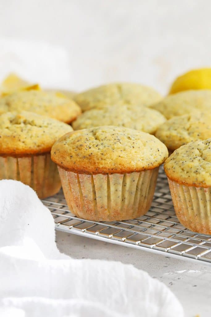 Front view of gluten-free lemon poppy seed muffins cooling on a cooling rack